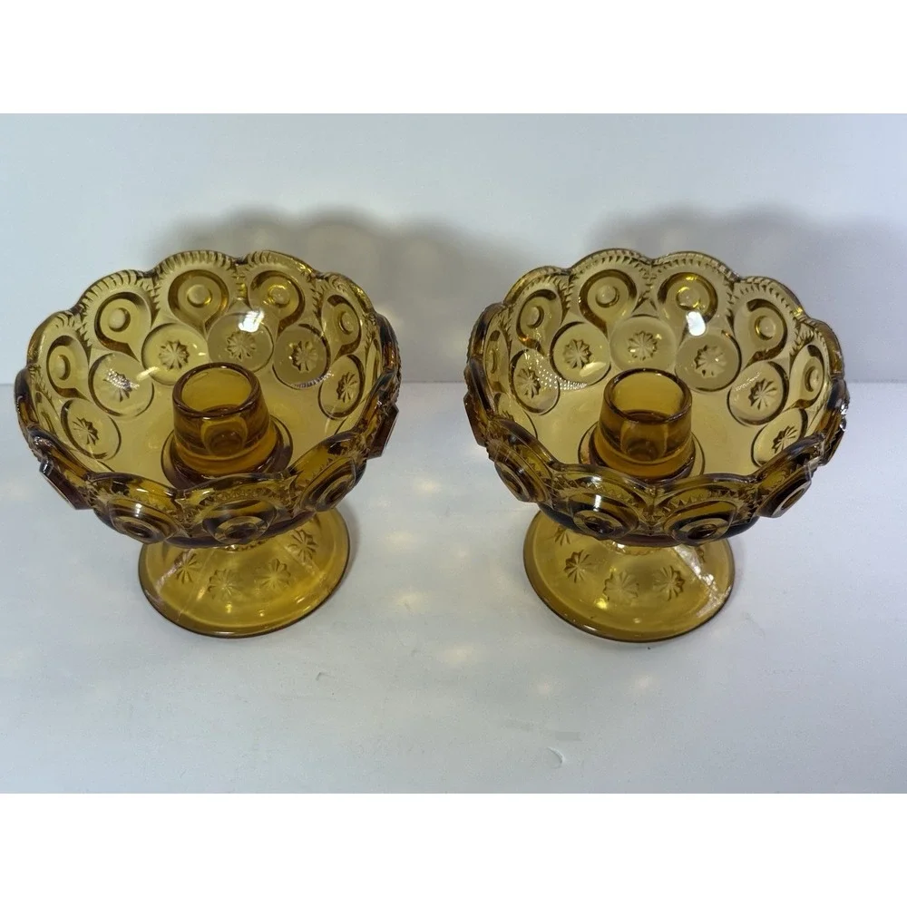 Vintage LE Smith Amber Moon and Star Glass Candle Holder Footed Compote Bowl Lot